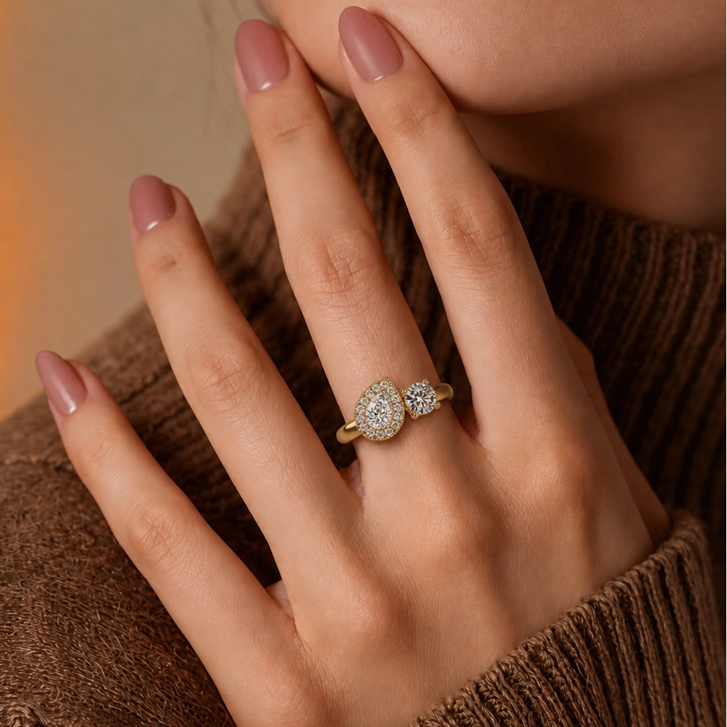Pear Cut Lab Grown Diamond Engagement Ring Halo Three Stone Gold Ring with Round Side Diamond