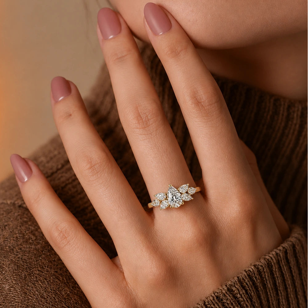 Pear Cut Lab Grown Diamond Engagement Ring Floral Cluster Halo Gold Ring with Marquise Side Stones