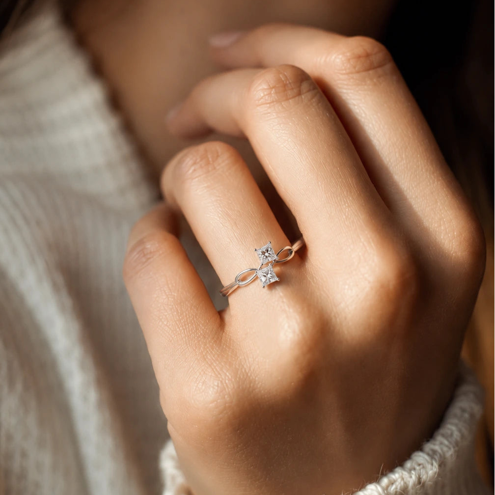 Princess Cut Lab Grown Diamond Ring Double Stone Infinity Bypass Engagement Ring in White Gold