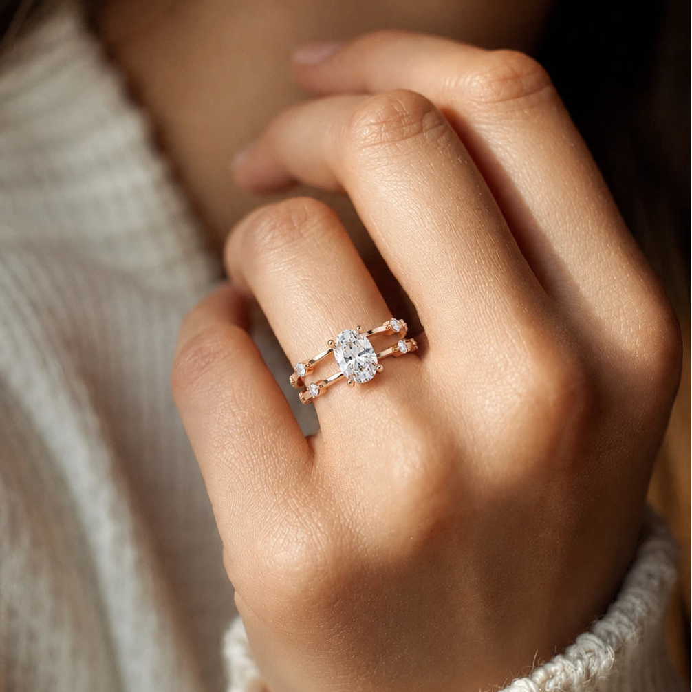 Oval Lab Grown Diamond Engagement Ring Elegant Double Band Rose Gold Ring with Accent Diamonds