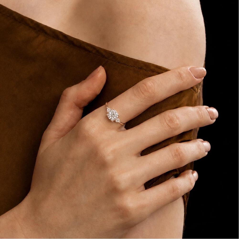 Cushion Cut Lab Grown Diamond Engagement Ring Classic Three Stone White Gold Ring with Side Diamonds