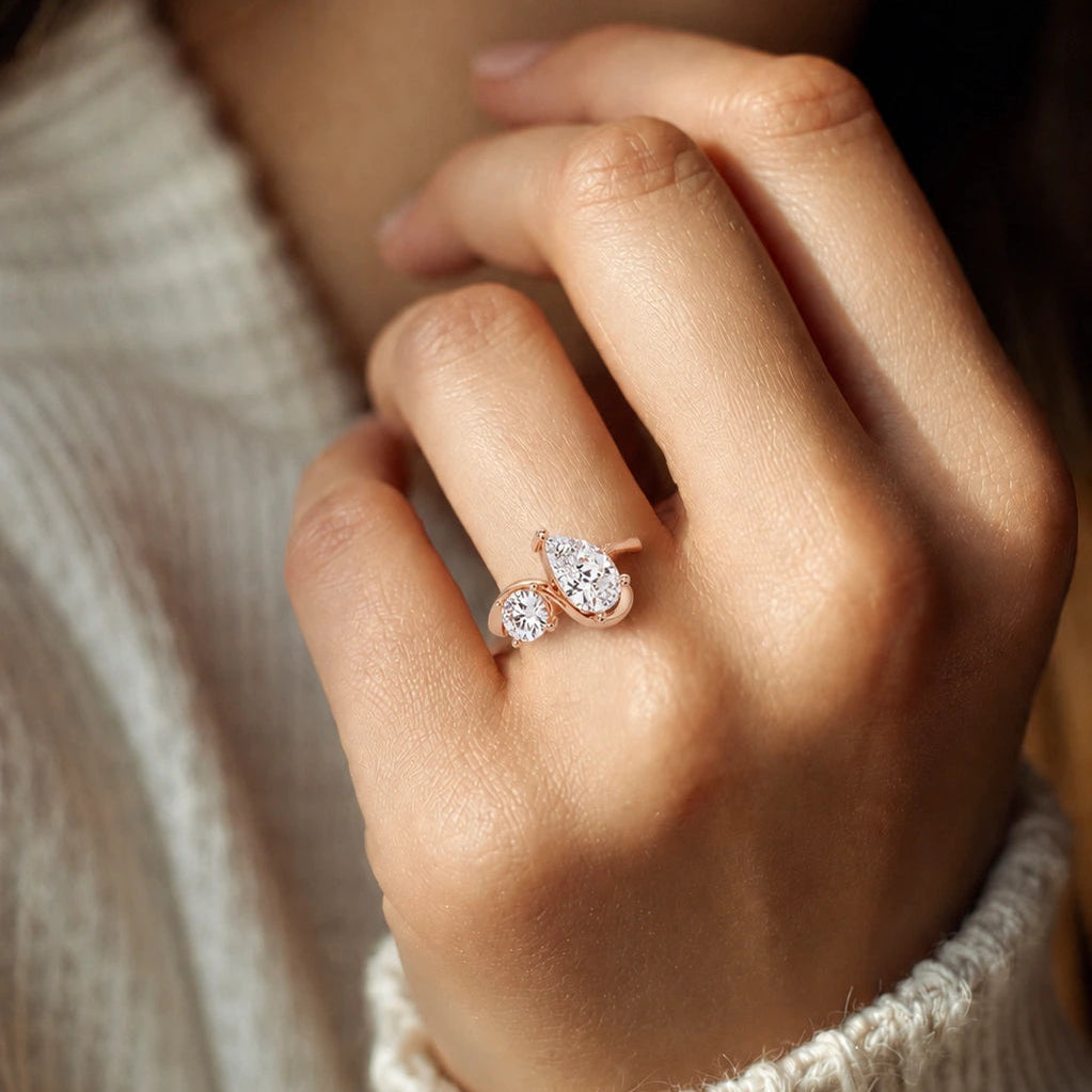 Pear Cut Lab Grown Diamond Engagement Ring Modern Two Stone Toi et Moi Ring in Rose Gold