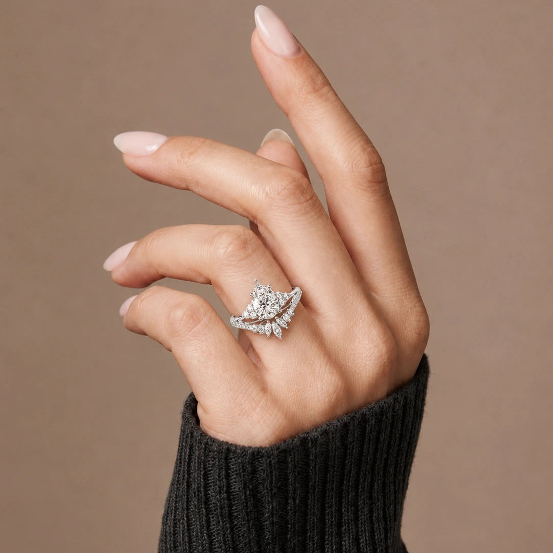 Pear Cut Lab Grown Diamond Engagement Ring Floral Halo Bridal Set with Marquise Diamond Accents