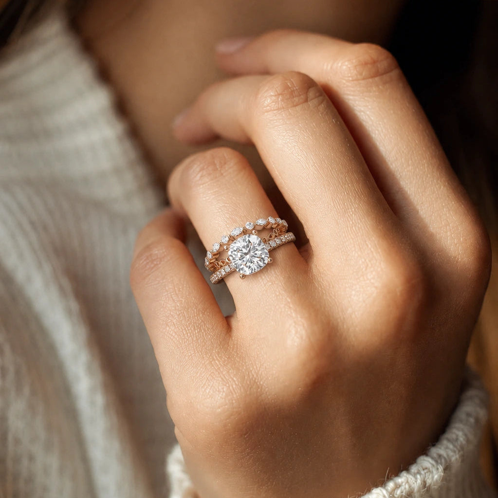 Cushion Diamond Bridal Set | Rose Gold Floral Pavé Engagement Ring with Matching Band