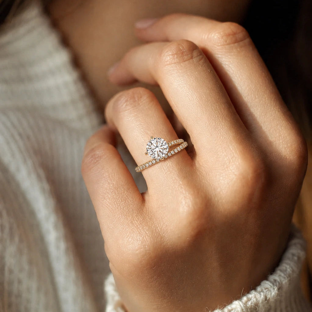 Lab Grown Diamond Engagement Ring Round Cut Solitaire with Pavé Wraparound Band in Yellow Gold