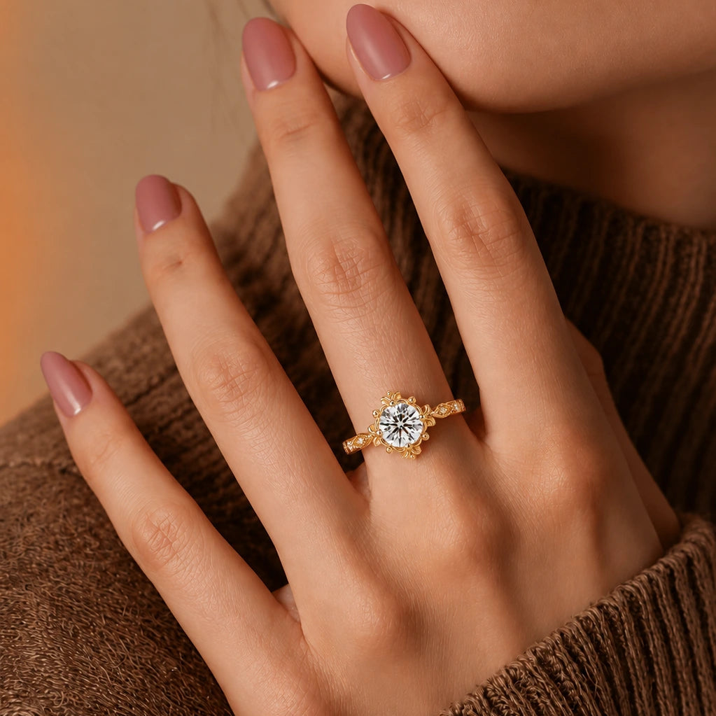 Round Cut Lab Grown Diamond Engagement Ring Vintage Floral Halo Solitaire with Ornate Yellow Gold Details