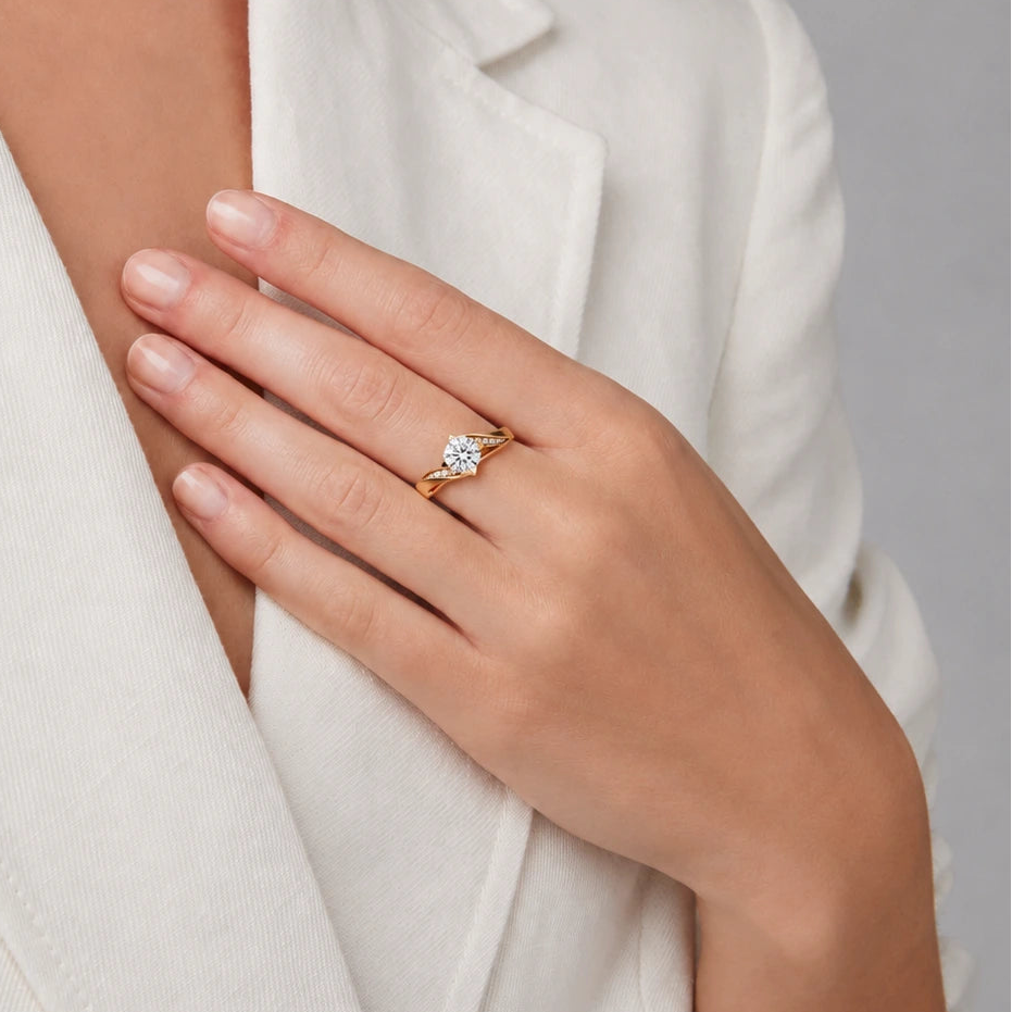 Lab Grown Diamond Engagement Ring Round Solitaire with Twisted Pavé Crossover Band in Rose Gold