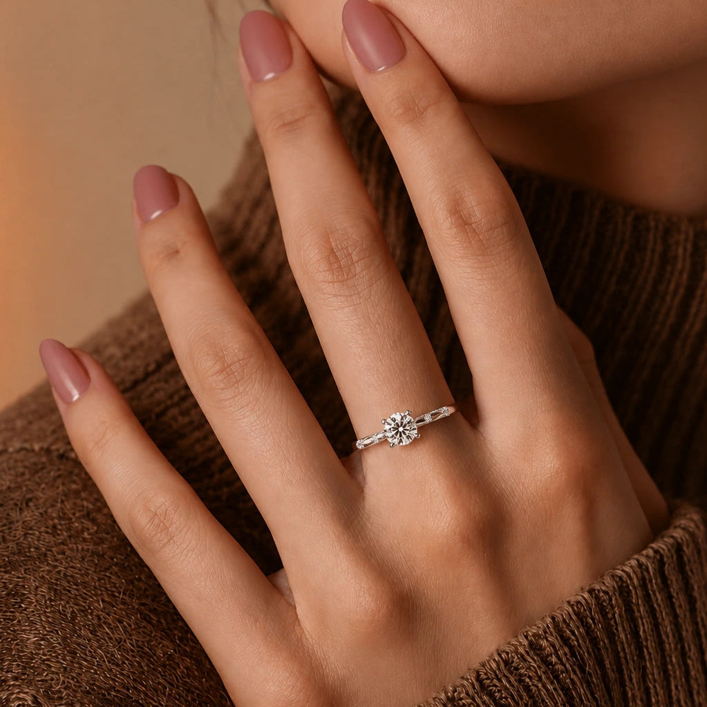 Lab Grown Diamond Engagement Ring Round Cut Solitaire with Minimal Pavé Accent Band in White Gold