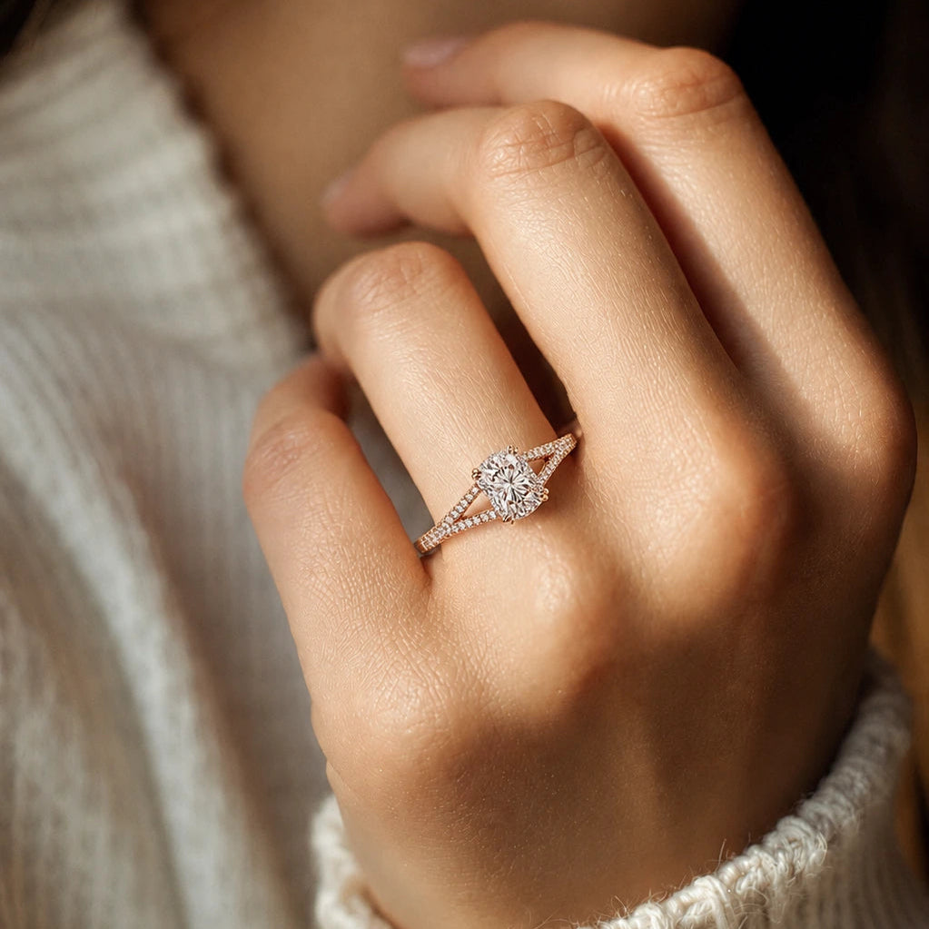 Elongated Cushion Cut Lab Grown Diamond Engagement Ring Solitaire with Double Pavé Split Shank in Rose Gold