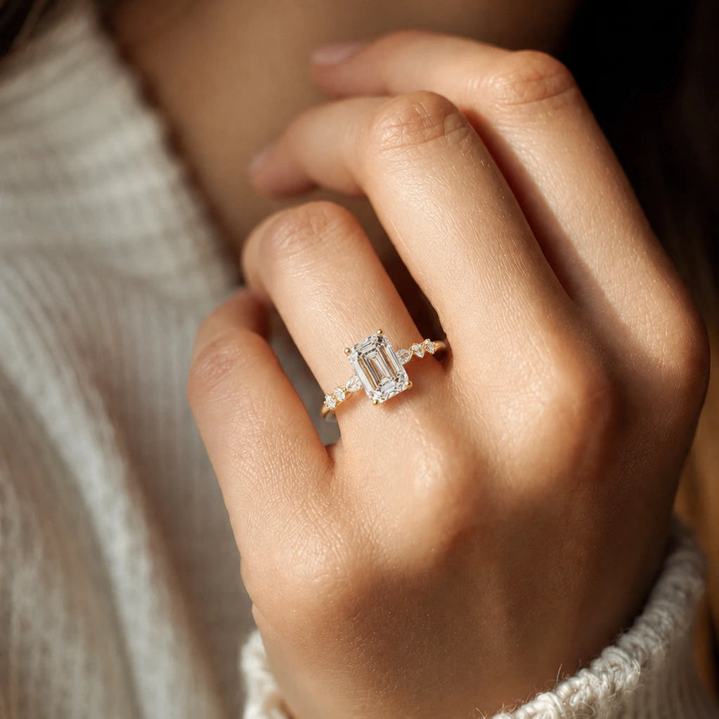 Lab Grown Diamond Engagement Ring Emerald Cut Solitaire with Marquise Side Accents in Yellow Gold
