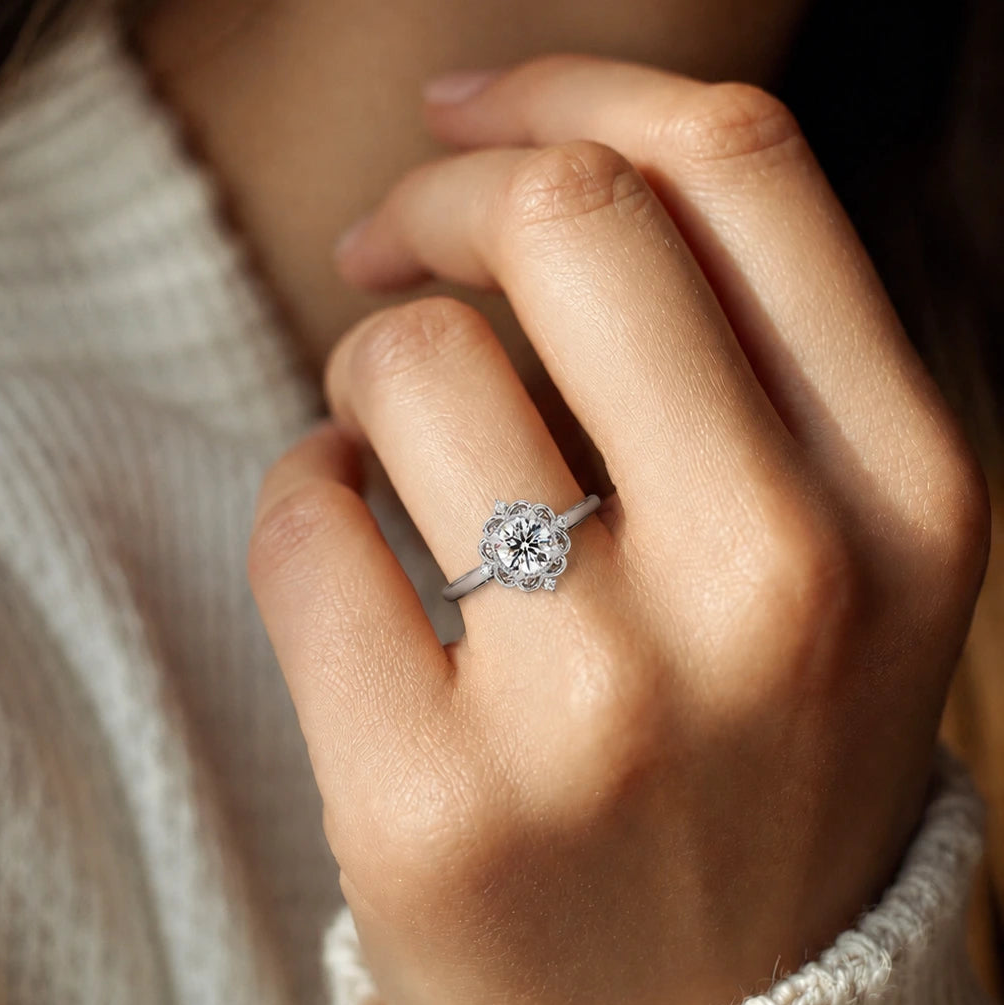 Round Diamond Scrollwork Halo Engagement Ring White Gold Vintage Filigree Bridal Ring