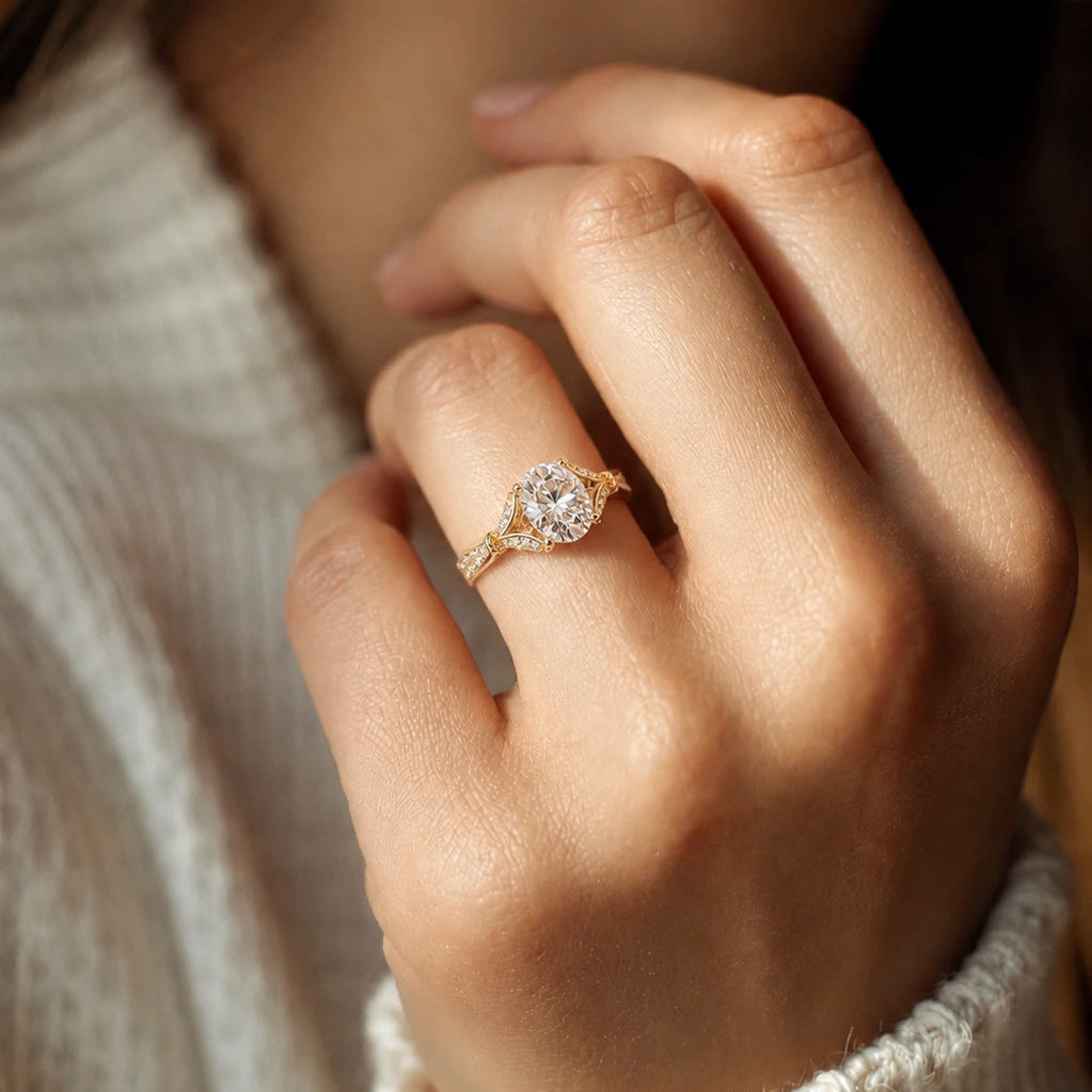 Oval Diamond Geometric Engagement Ring Yellow Gold Sculptural Pavé Solitaire Bridal Ring