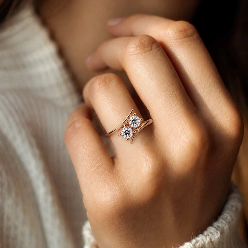 Round Lab Grown Diamond Two Stone Engagement Ring Rose Gold Bypass Contemporary Bridal Ring