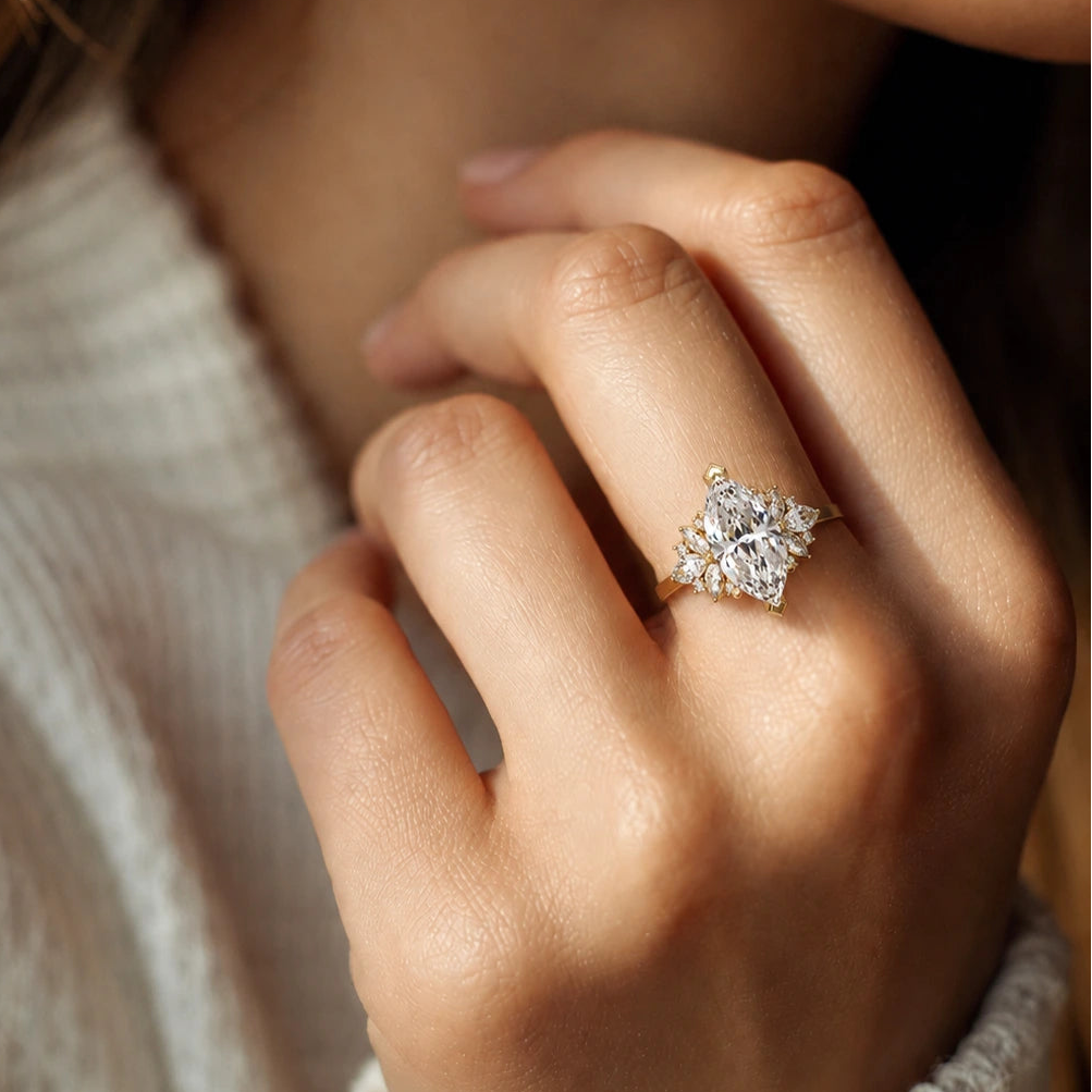 Marquise Lab Grown Diamond Engagement Ring Floral Cluster Halo Gold Ring