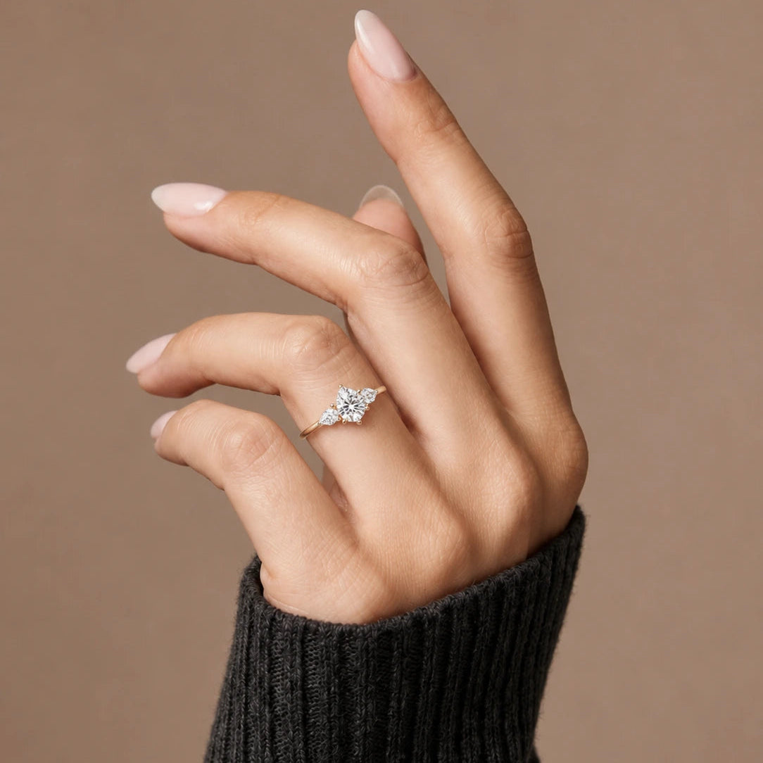 Pear Cut Lab Grown Diamond Engagement Ring Three Stone Gold Solitaire with Round Side Diamonds