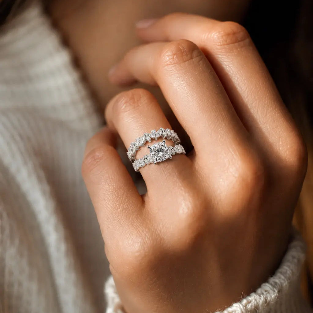 Cushion Cut Lab Grown Diamond Floral Bridal Set White Gold Marquise Leaf Pave Engagement Ring
