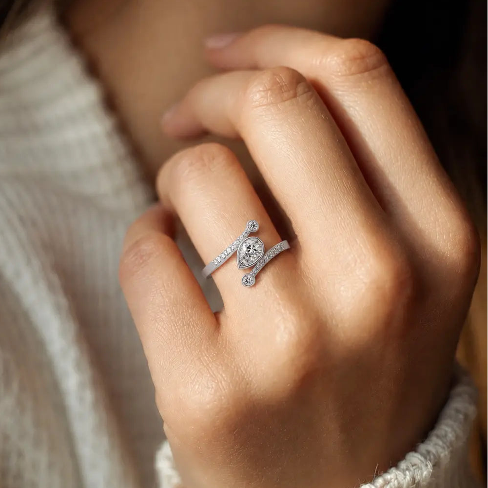 Pear Cut Lab Grown Diamond Engagement Ring Bypass Ring with Pave Diamond Crossover Band in White Gold