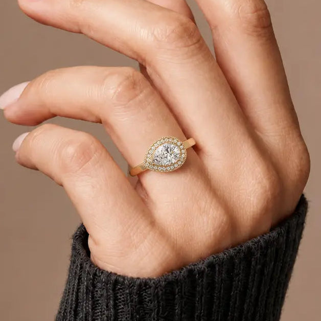 Pear Cut Lab Grown Diamond Engagement Ring Double Halo Pavé Gold Statement Ring