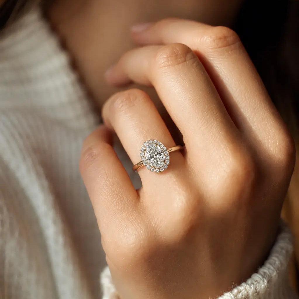 Oval Cut Moissanite Halo Engagement Ring - Classic Oval Halo Bridal Ring