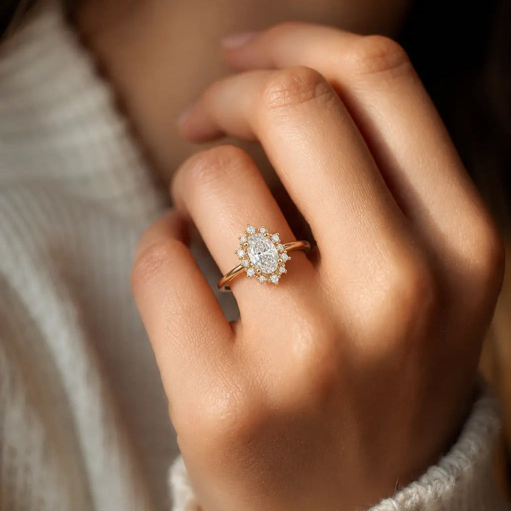 Oval Cut Moissanite Halo Engagement Ring with Classic Halo Setting