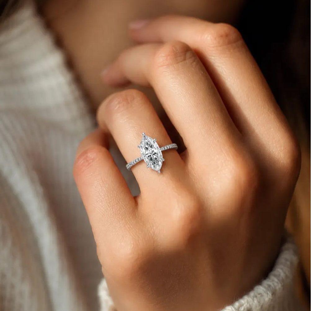 Marquise Cut Moissanite Engagement Ring with Pavé Band – Elegant Solitaire Promise Ring, Unique Bridal Jewelry