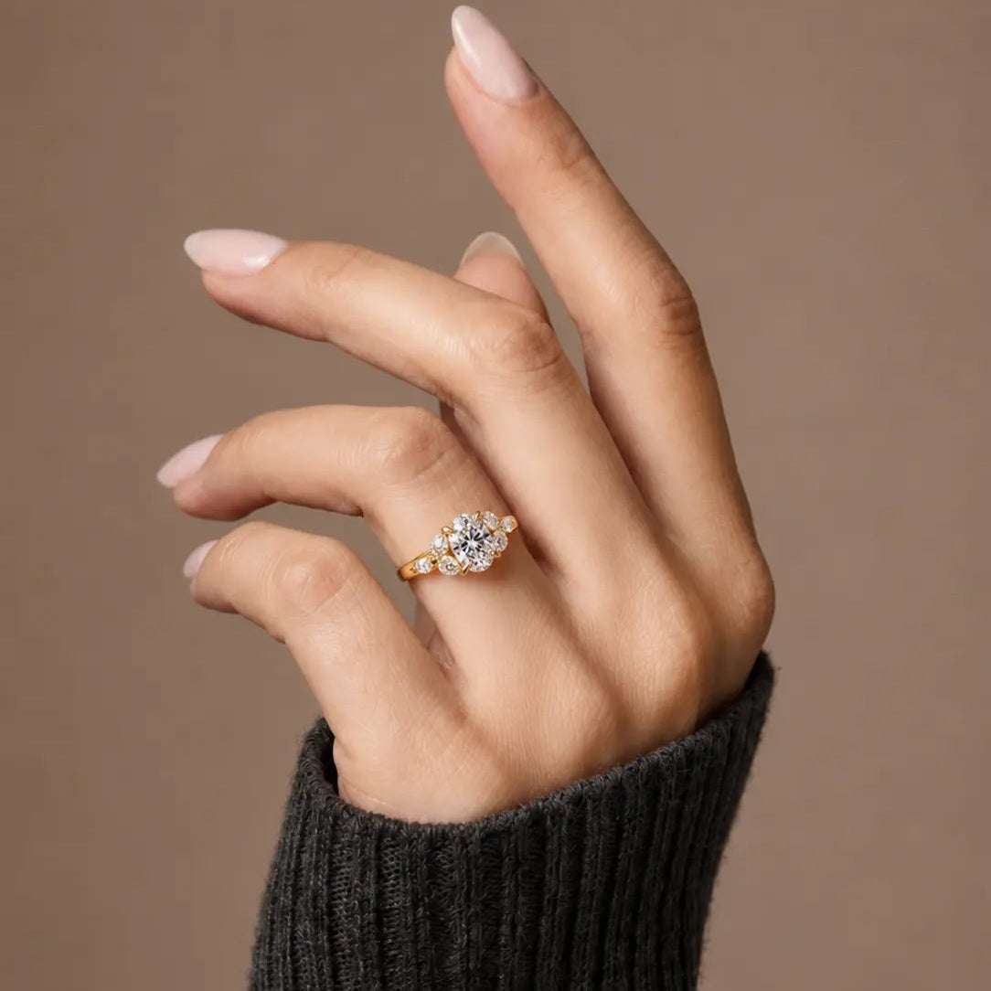 Oval Lab Grown Diamond Floral Engagement Ring Nature Inspired Cluster Solitaire Ring