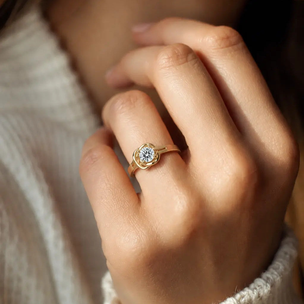 Round Lab Grown Diamond Solitaire Engagement Ring Modern Sculptural Gold Bezel Ring