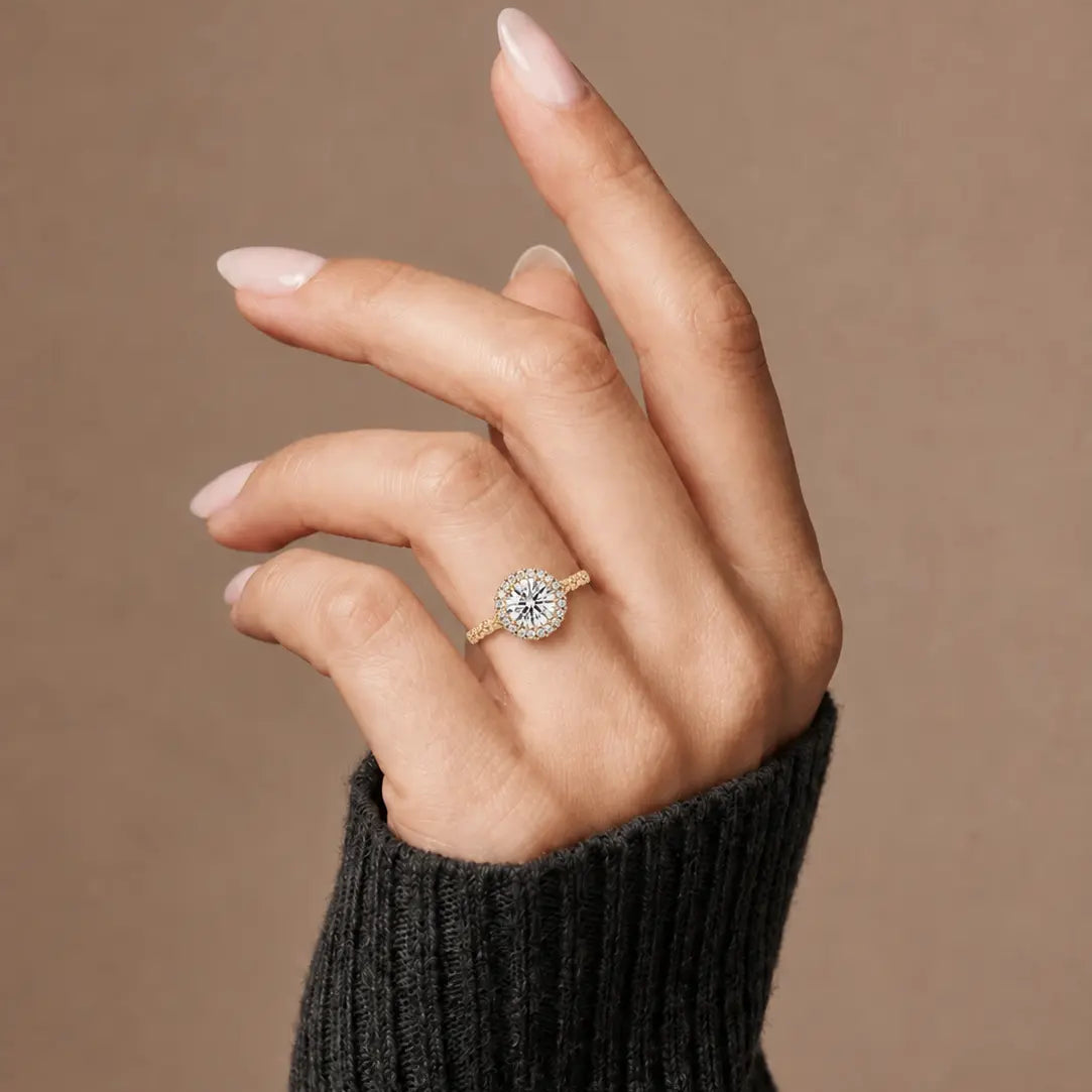 Round Lab Grown Diamond Halo Engagement Ring Vintage Floral Milgrain Gold Bridal Ring