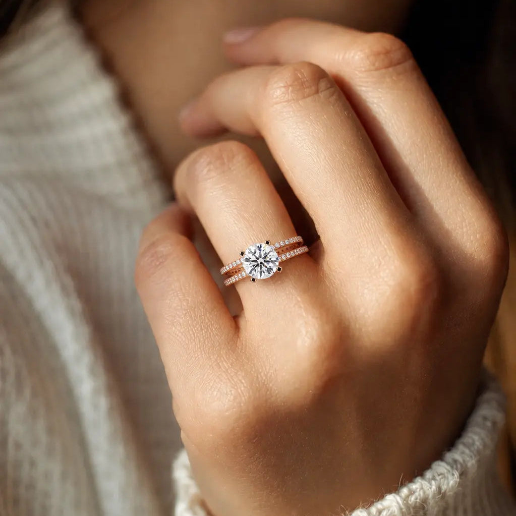 Round Diamond Pavé Engagement Ring Rose Gold Double Band Bridal Set