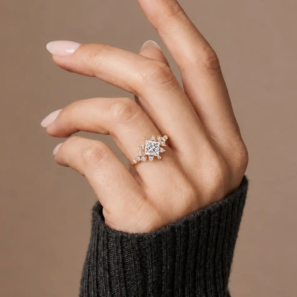 Princess Cut Lab Grown Diamond Engagement Ring Floral Cluster Gold Ring