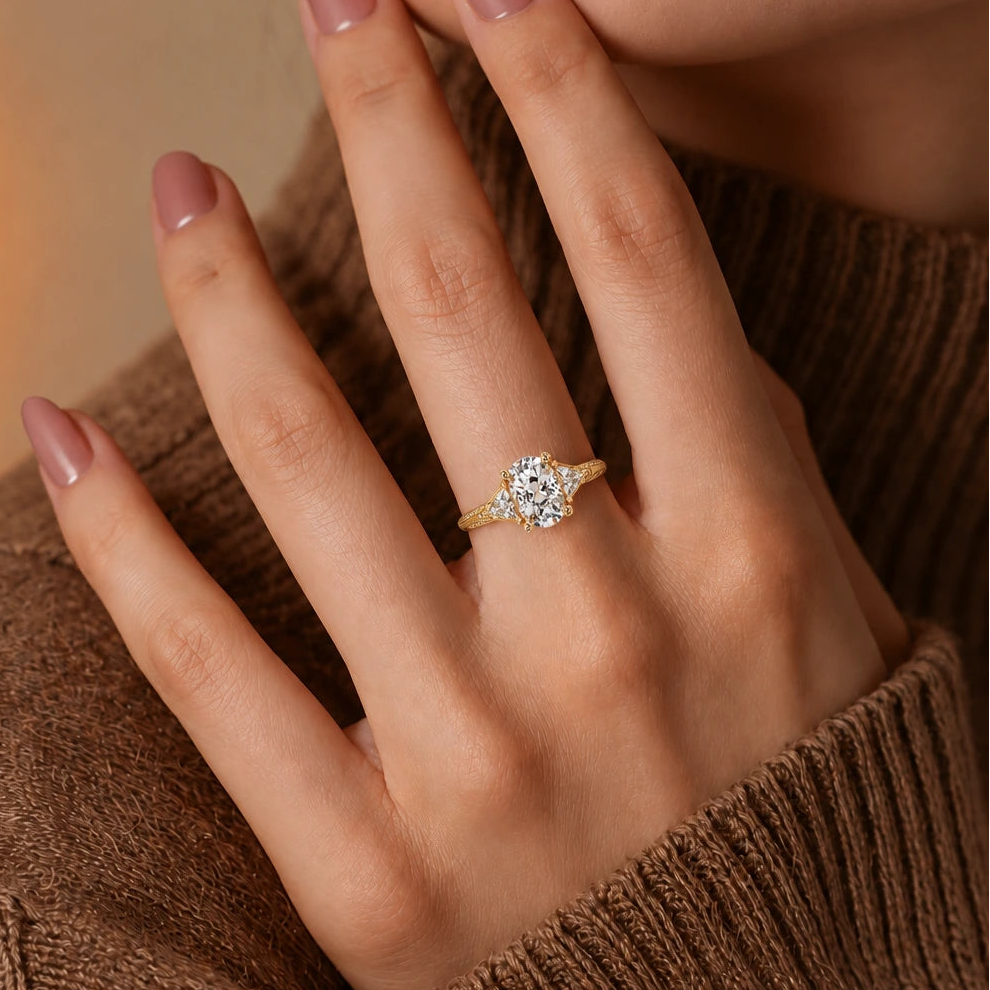 Lab Grown Diamond Engagement Ring Oval Center with Trillion Side Stones & Pavé Split Shank