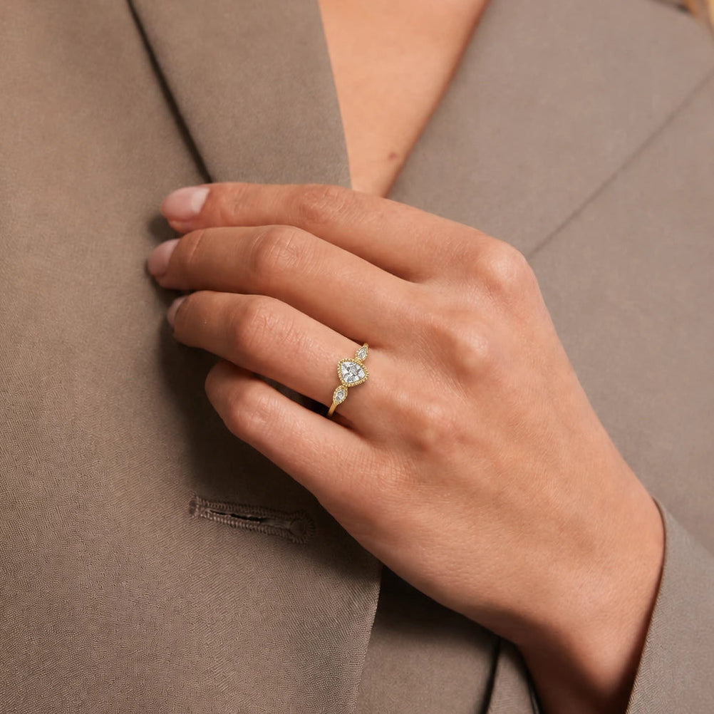 Pear Cut Lab Grown Diamond Engagement Ring Beaded Halo Three Stone Gold Ring