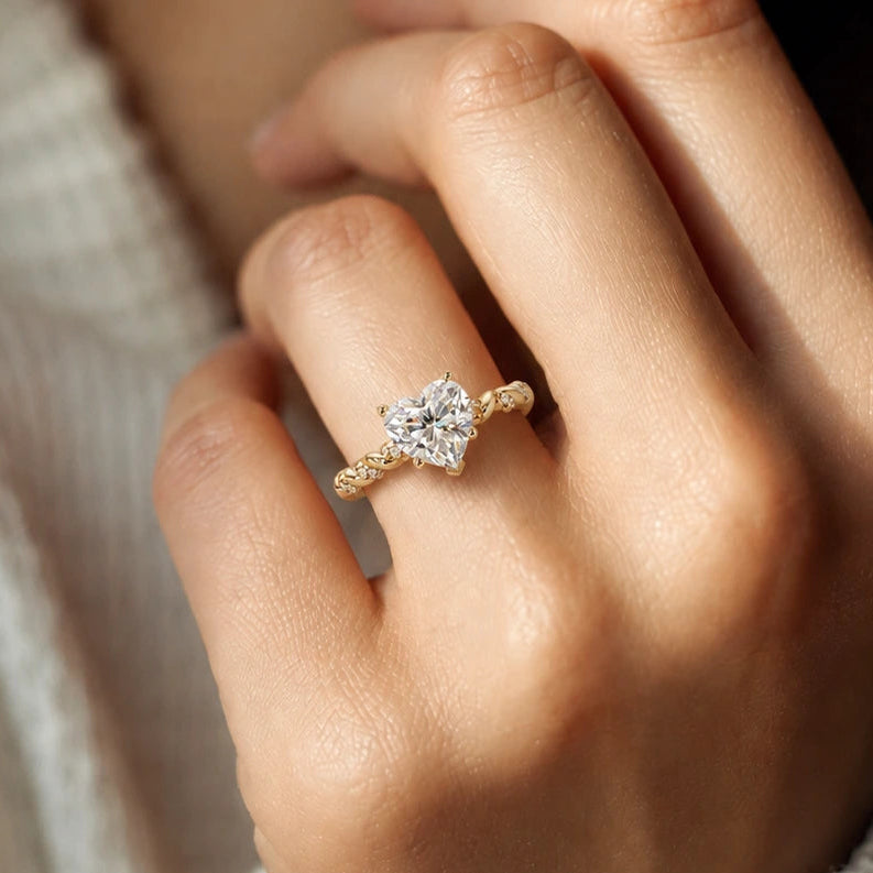 Heart Shaped Lab Grown Diamond Engagement Ring Twisted Vine Pavé Gold Romantic Ring