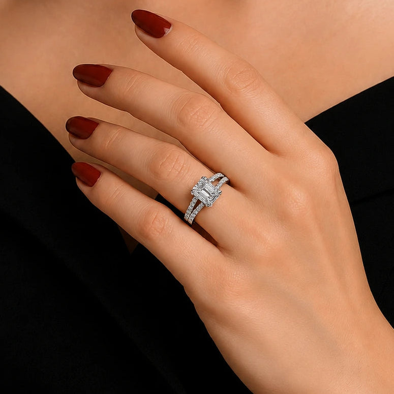 Emerald Cut Lab Grown Diamond Engagement Ring Double Pave Halo Vintage Inspired Bridal Ring