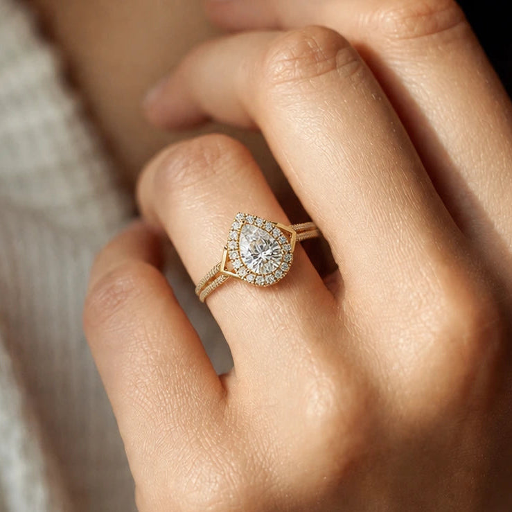 Pear Cut Lab Grown Diamond Engagement Ring Halo Pave Vintage Inspired Gold Ring