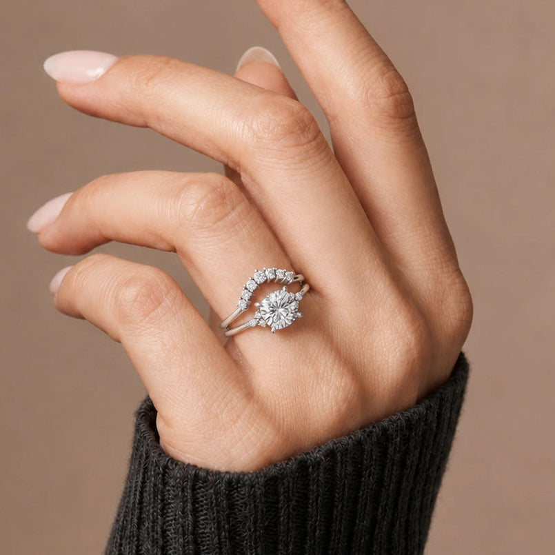 Cushion Cut Lab Grown Diamond Engagement Ring | Curved Pavé Halo Bridal Set with Sparkling Wedding Band