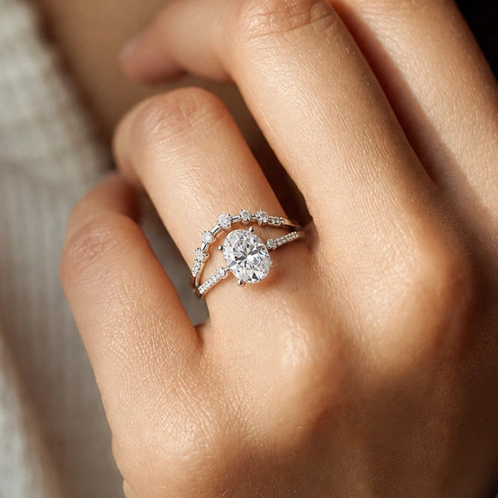 Oval Lab Grown Diamond Engagement Ring Three Stone Pave Bridal Set with Curved Diamond Band