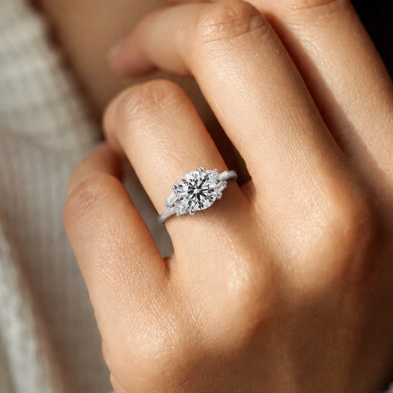 Round Lab Grown Diamond Engagement Ring Baguette & Round Diamond Three-Stone Bridal Ring