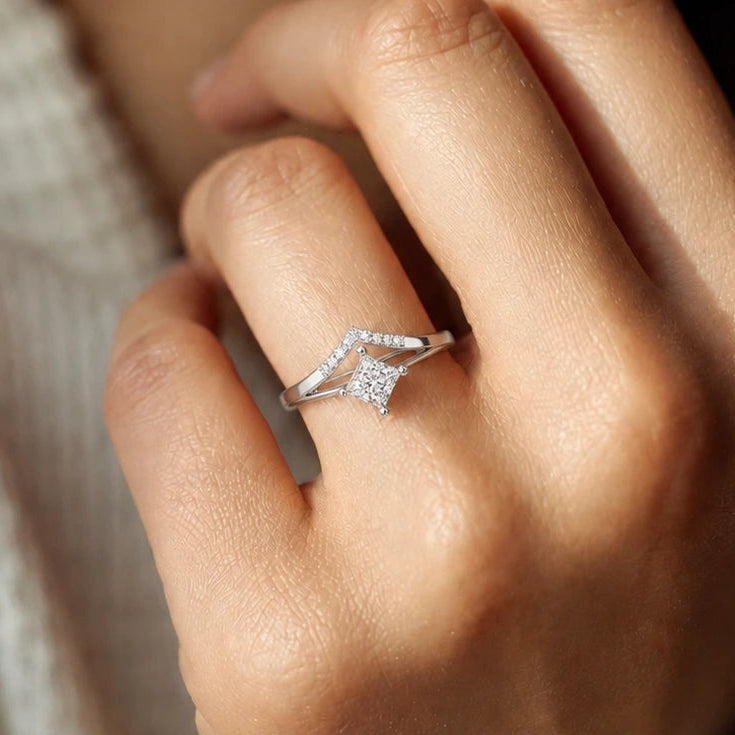 Princess Cut Lab Grown Diamond Engagement Ring Chevron Pave Bridal Set with Geometric Band