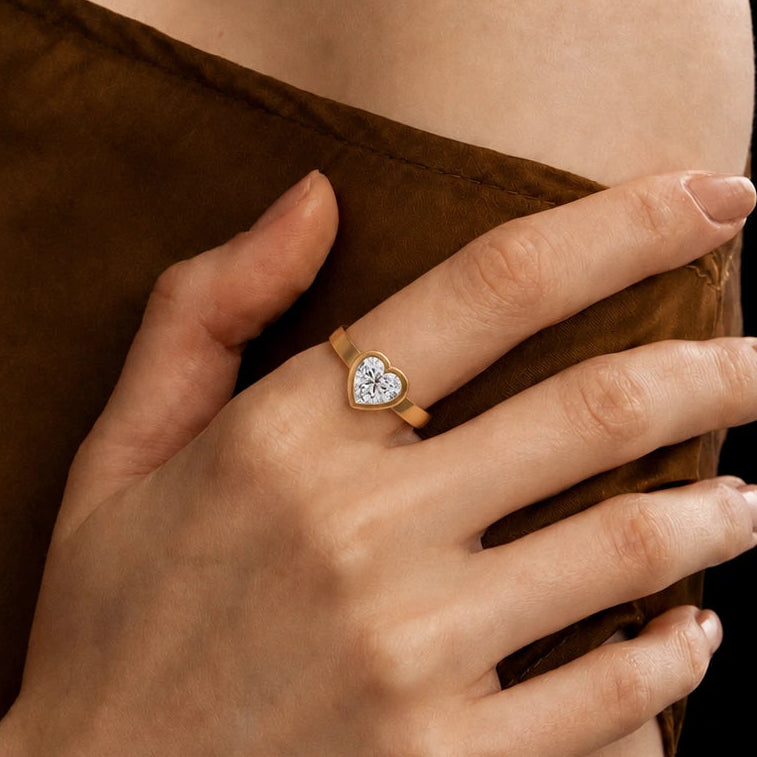 Heart Shaped Lab Grown Diamond Engagement Ring Bezel Set Solitaire Gold Ring for Romantic Elegance