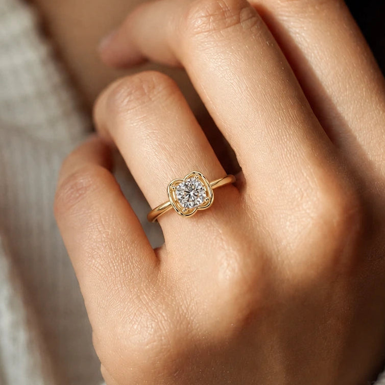 Cushion Cut Lab Grown Diamond Engagement Ring Sculptural Bezel Inspired Gold Solitaire Ring