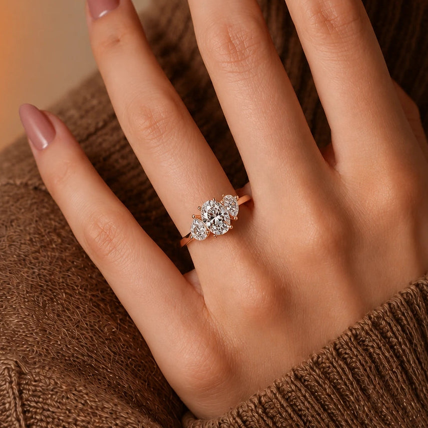 Three Stone Diamond Engagement Ring Rose Gold Oval Center Floral Cluster Bridal Ring