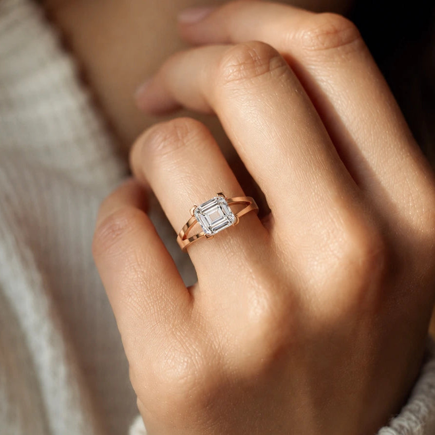Emerald Cut Diamond Engagement Ring Minimalist Rose Gold Solitaire Bridal Ring