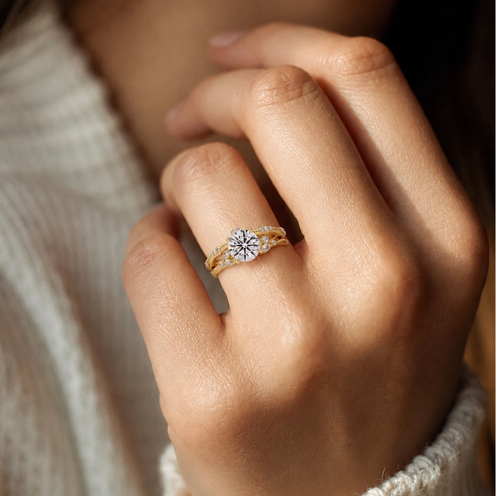 Round Lab Grown Diamond Engagement Ring Floral Diamond Halo Gold Bridal Set with Pavé Bands