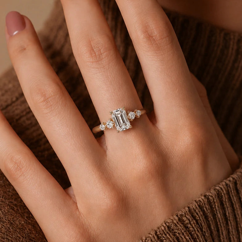 Emerald Cut Diamond Five Stone Engagement Ring Round Accent Diamond Ring