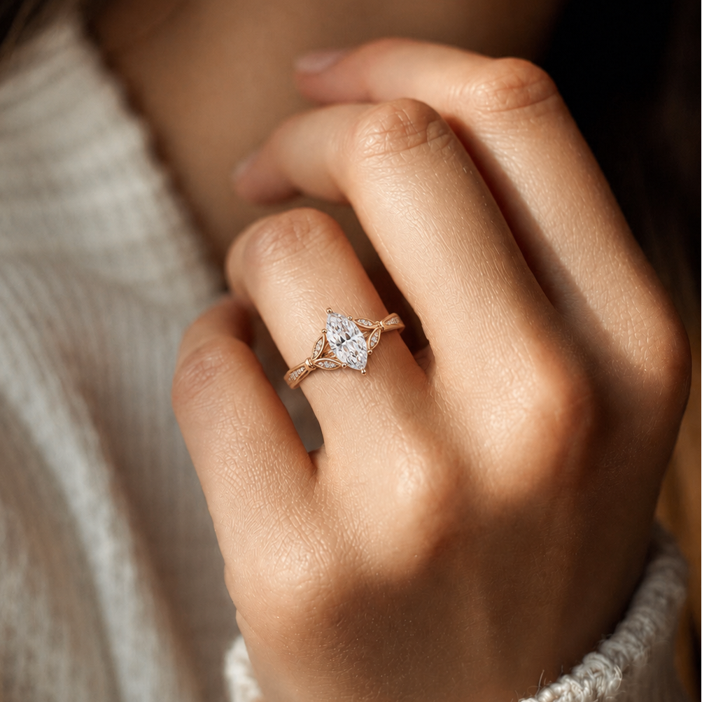 Marquise Diamond Leaf Engagement Ring Rose Gold Nature Inspired Pavé Bridal Ring