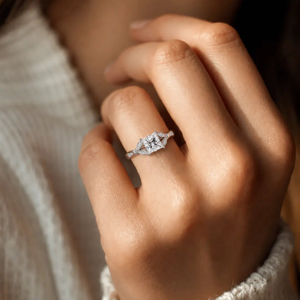 Princess Cut Lab Grown Diamond Engagement Ring White Gold Leaf Pavé Geometric Bridal Ring