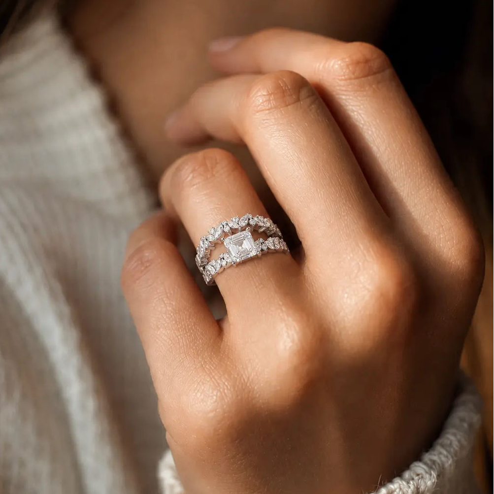 Asscher Cut Lab Grown Diamond Floral Bridal Set White Gold Marquise Pavé Engagement Ring