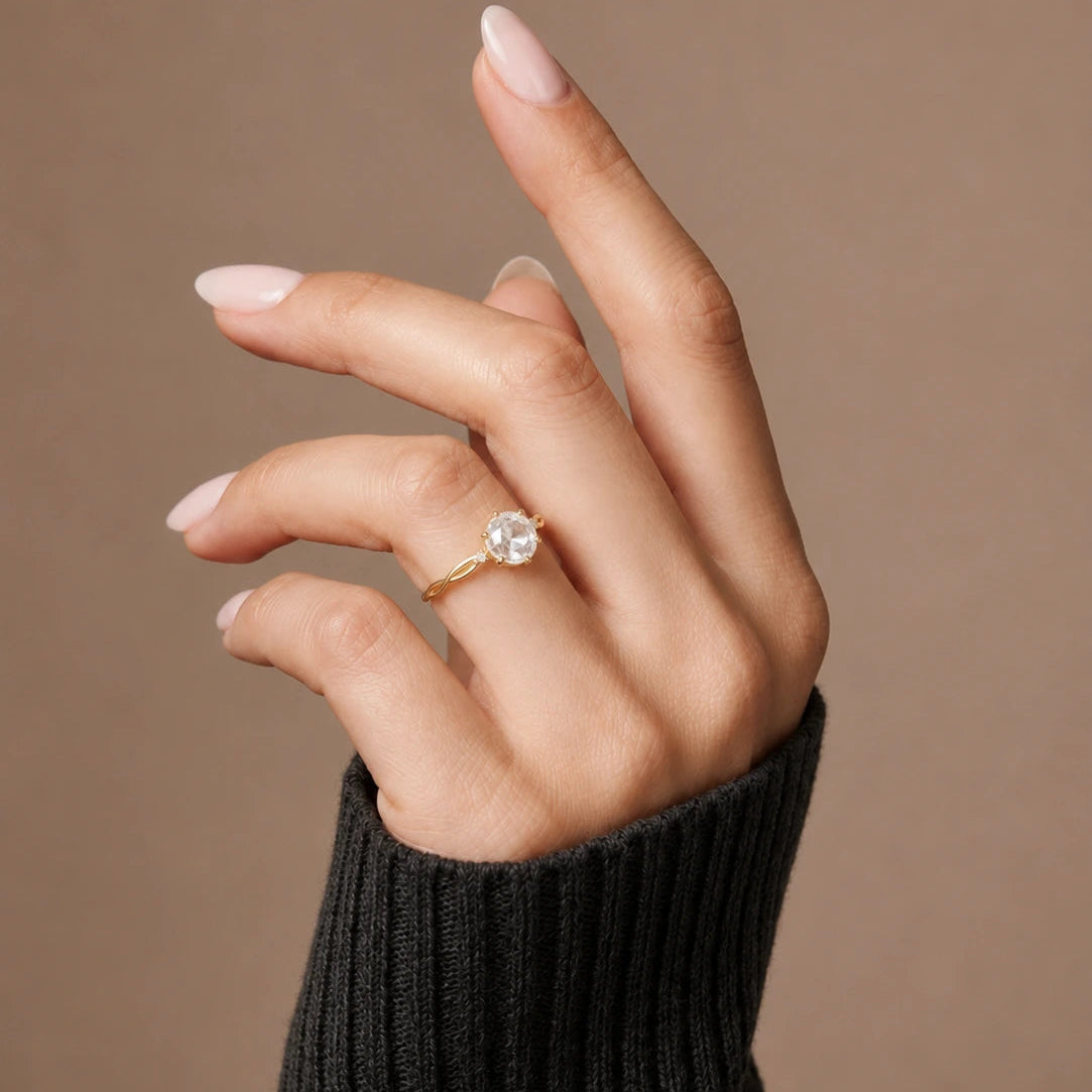 Rose Cut Moissanite Minimalist Engagement Ring – Dainty Solitaire Promise Ring with Diamond Accents