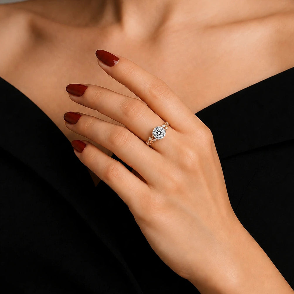 Round Moissanite Nature Inspired Bridal Set – Floral Vine Engagement Ring & Matching Wedding Band